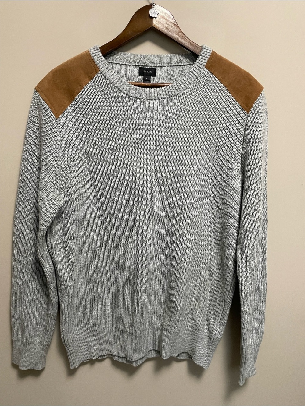 J. Crew Light Gray Crewneck Sweater with Brown Leather Shoulder Patches Men’s L